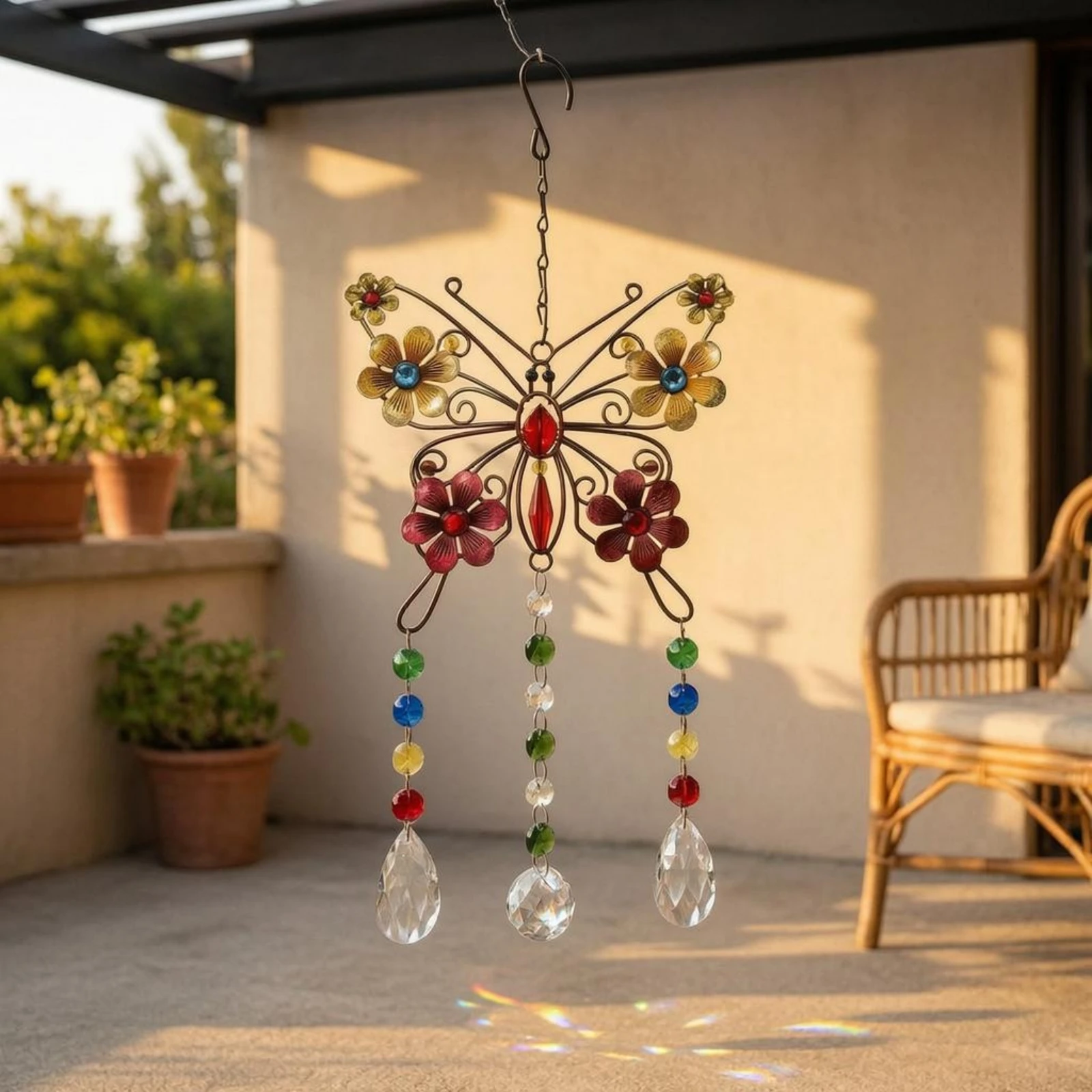 Crystal Butterfly Suncatcher Faceted Beads Butterfly Sun Catcher Rainbow Creator Ornament Teardrop Pendants Iron Wire Frame