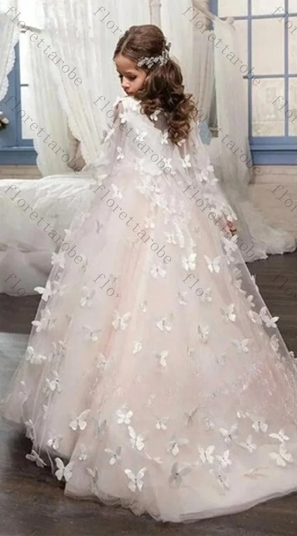 Customized Ivory Sleeveless Kids Flower Girl Gown Detachable 3D Butterfly Tulle Sleeve Lace Applique for Wedding Birthday Party