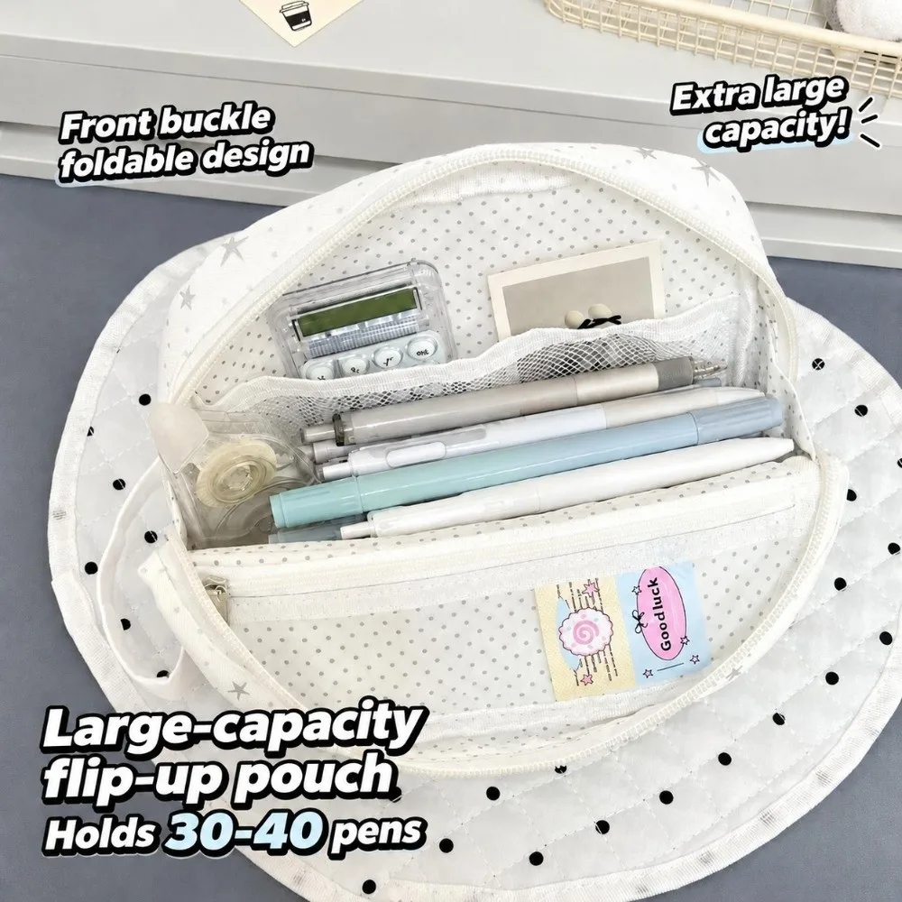 Kawaii Star Print Pencil Case Multi-Pocket Fold-Over Pen Bag Large Capacity Vertical Pencil Pouch Students
