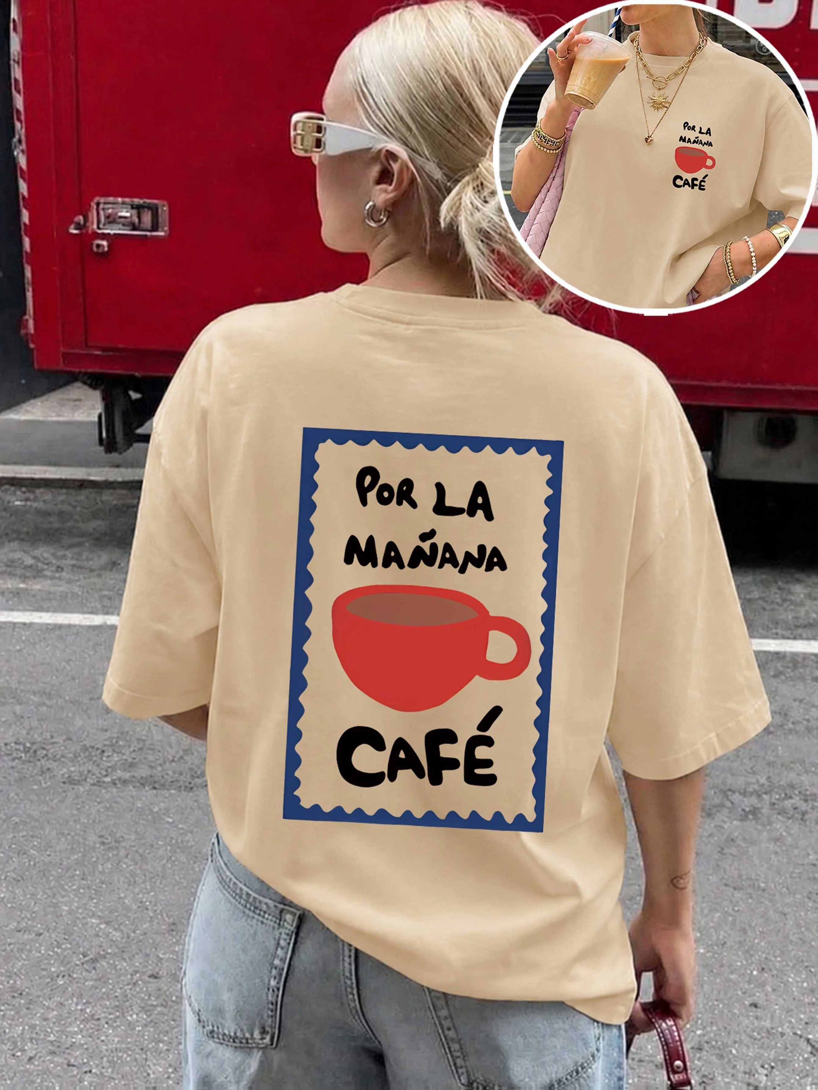 Elegant Women's T-shirt Por La Ma Ñ Ana Retro Red Coffee Cup Print Date City Roaming Weekend Picnic Casual Comfortable T-shirt