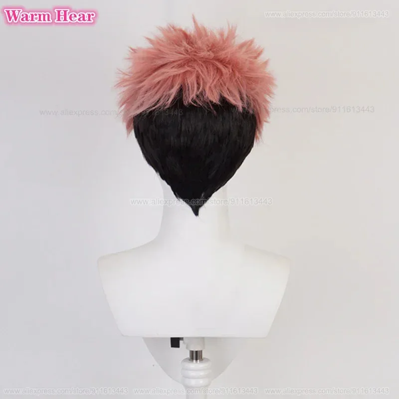 متوفر في المخزون Itadori Yuji الاصطناعية قصيرة 30 سنتيمتر مختلط اللون تأثيري أنيمي مقاومة للحرارة الشعر باروكات الحفلات + غطاء شعر مستعار مجاني