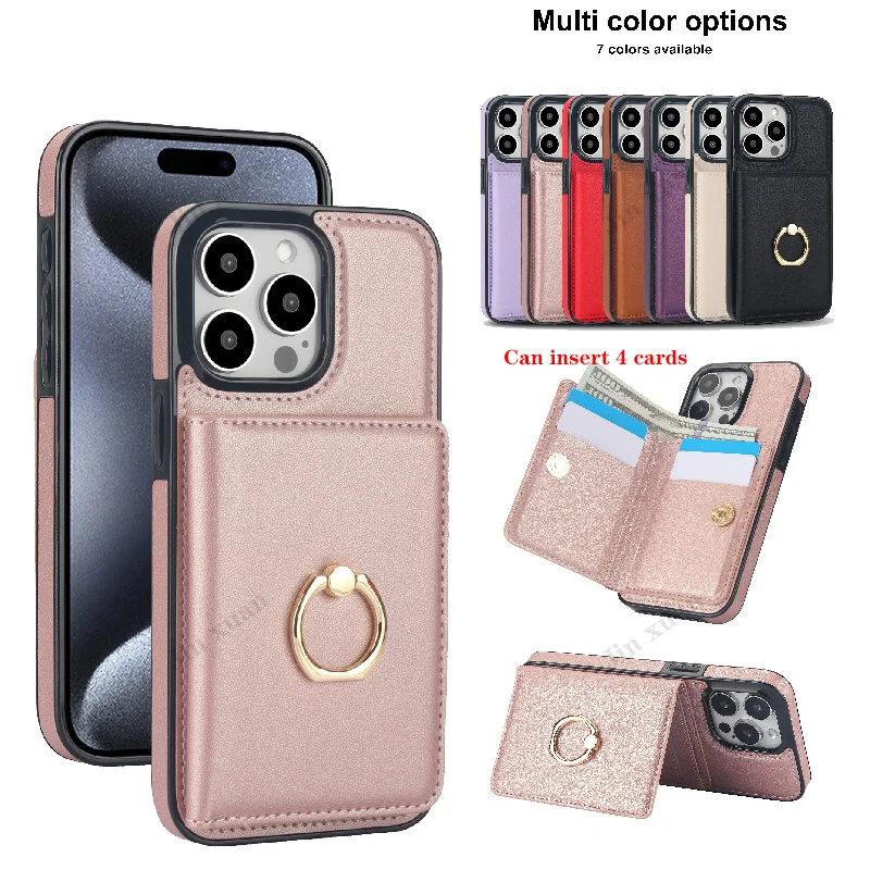 

For iPhone 14 13 12 15 Pro Max 11 XS XR 7 8 Plus Case Ring Stand Wallet Card Slot Flip Shockproof Leather Cover For iPhone 16