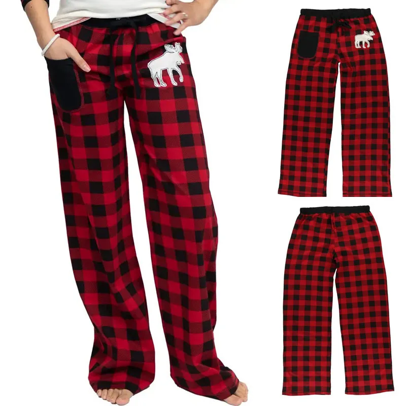 2024 Women's New Casual Sports Homewear Christmas Reindeer Plaid Casual Pants Women's Basic Pocket Loose Lace Floor Pants