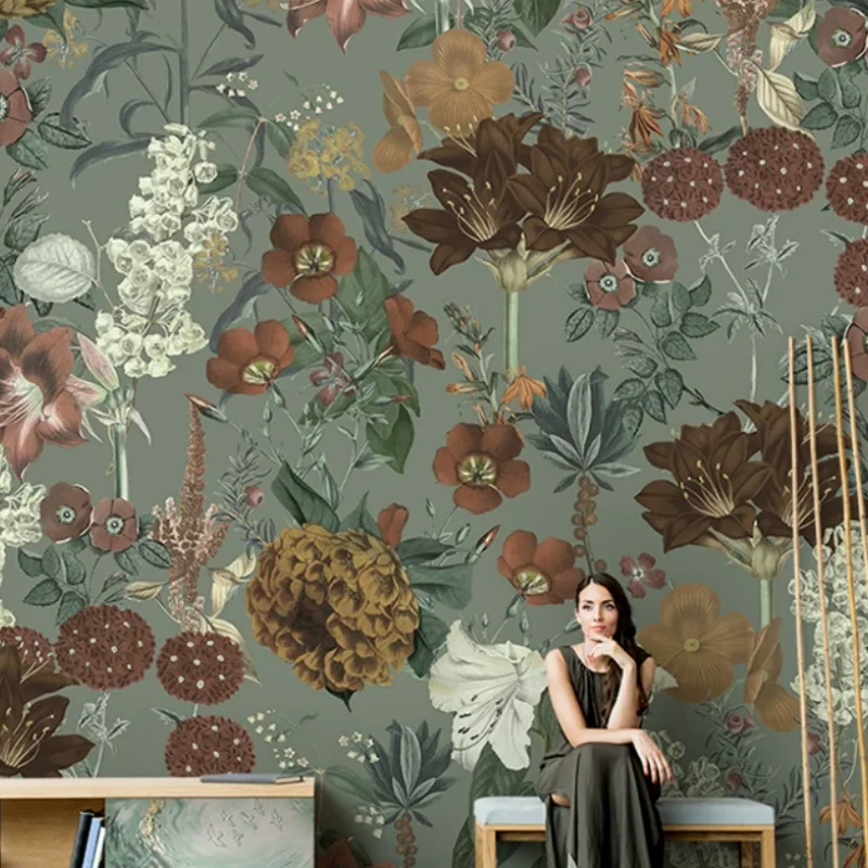 Custom Vintage green background floral mural oil painting French retro hand-painted texture light luxury living room wallpaper