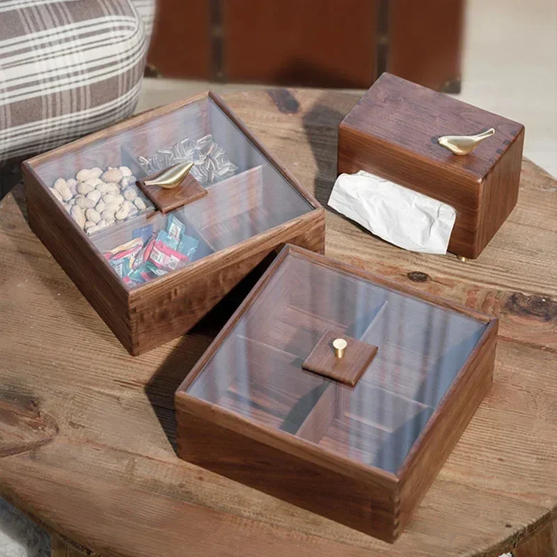 

Black Walnut Dry Fruit Plate With Glass Lid Solid Wood Candy Box Grid Partition Dust Proof Storage For Snacks Desktop Organizer