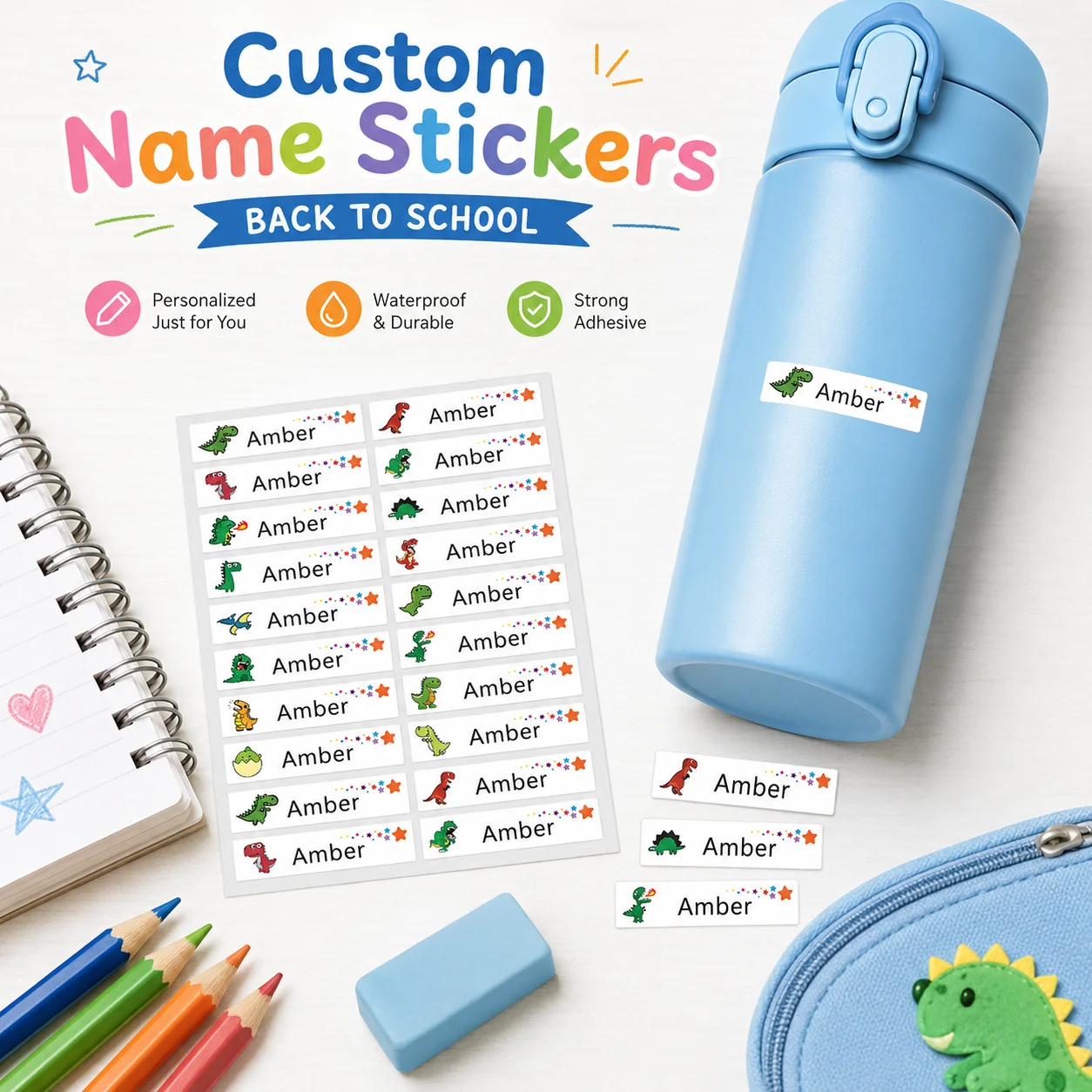 Personalized Name Stickers-T1-Boy Dinosaur Name Stickers, Kindergarten Primary School Opening School Stationery Sticker Label