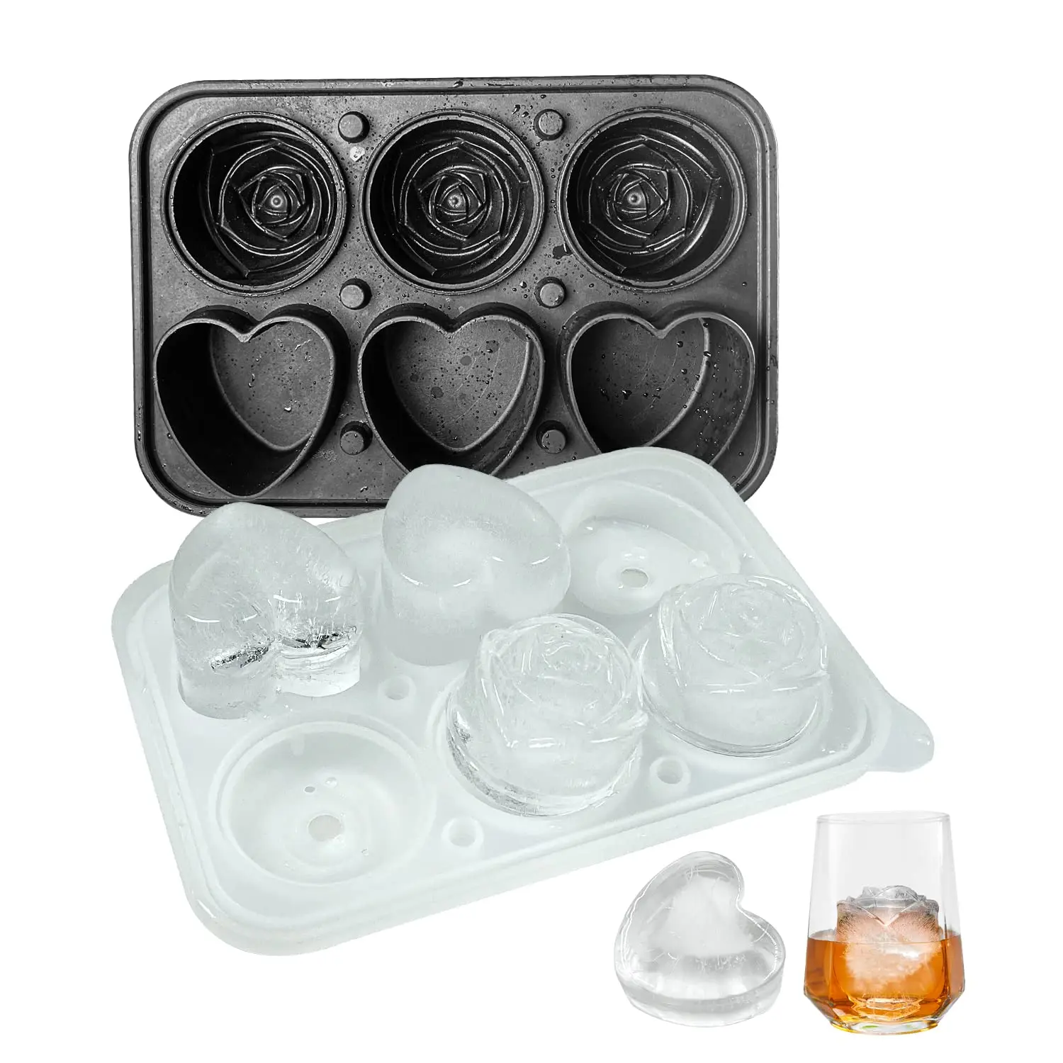 

Rose Heart Shapes Ice Cube Tray Silicone Ice Mold Fun Shapes with Clear Funnel-type Lid Ice for Chilling Whiskey Cocktails Drink