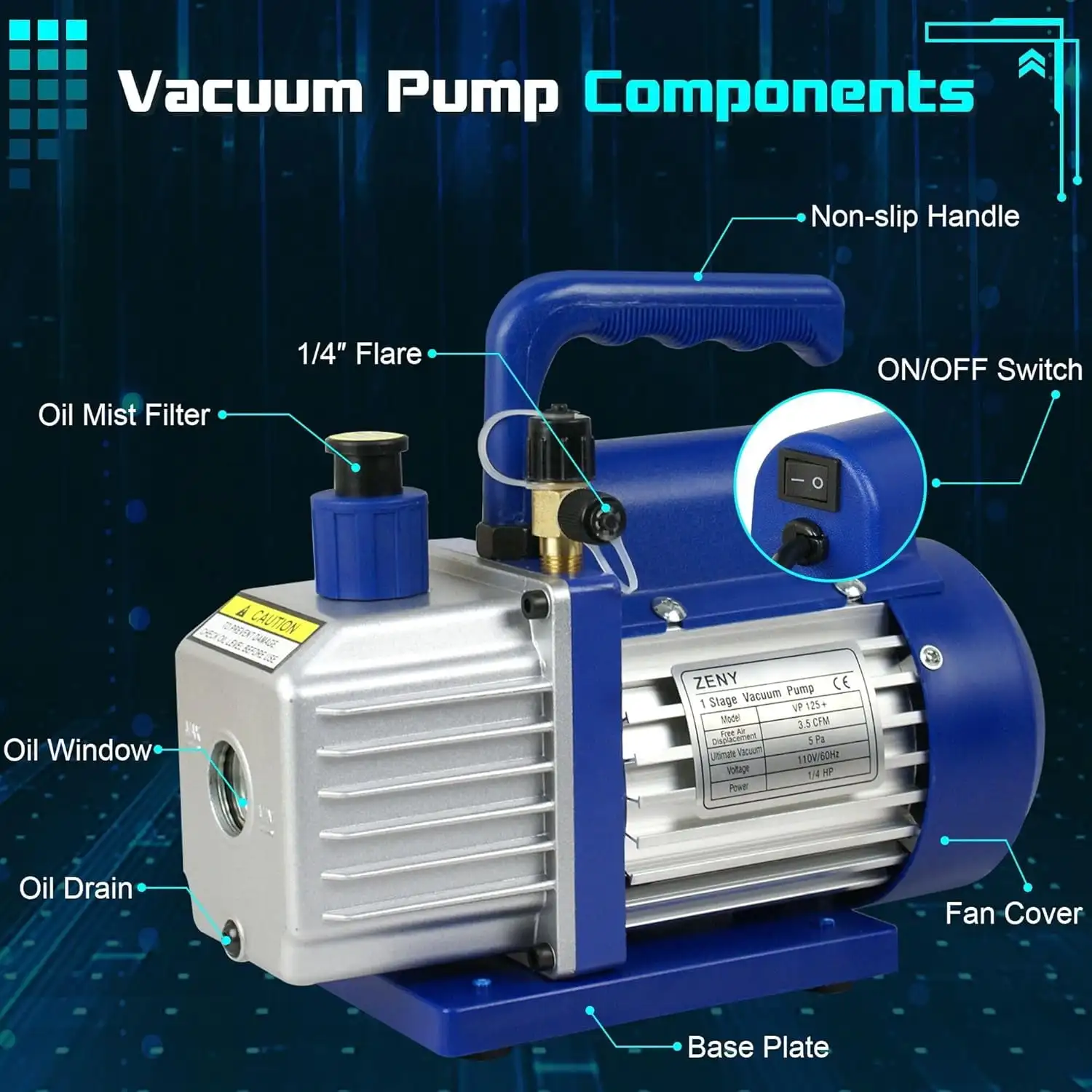 3,5CFM Single-Stage 5 Pa Rotary Vane Economy Vacuum Pump 3 CFM 1/4HP Air Conditioner Refrigerant HVAC Air tool R410a Blue