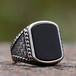 NEW Vintage Punk Stainless Steel Rectangle Anels for Men Black Stone Zircon Men's Anels Totem Luxury Wedding Jewelry