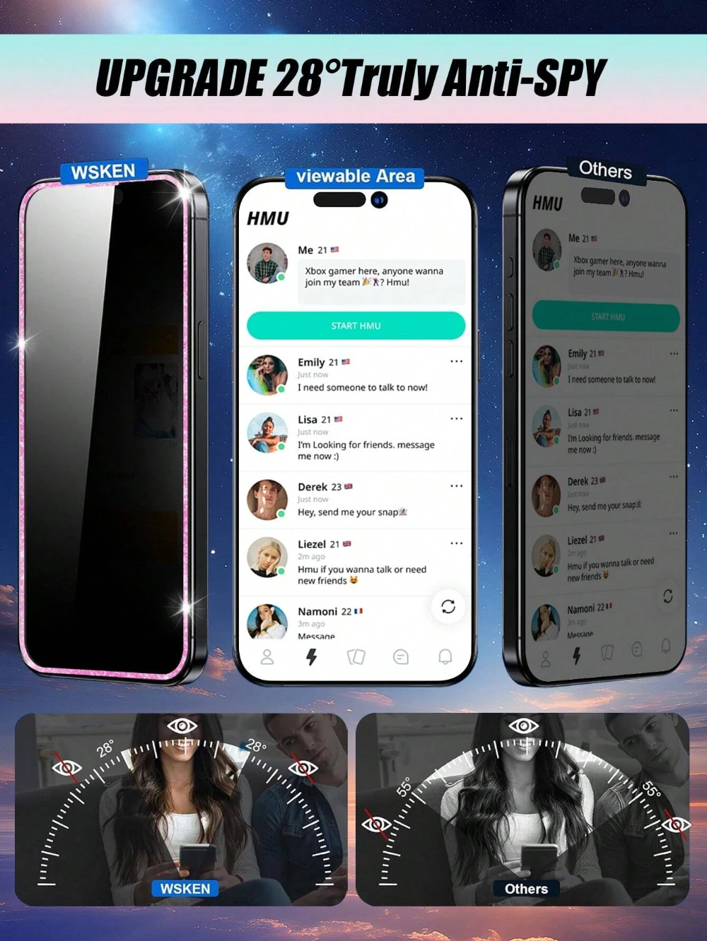 NNBILI 2 قطعة حافة الماس الزجاج المقسى المضادة للتجسس واقي للشاشة الوردي بريق الإطار آيفون 16 15 14 13 12 برو ماكس حامي #2