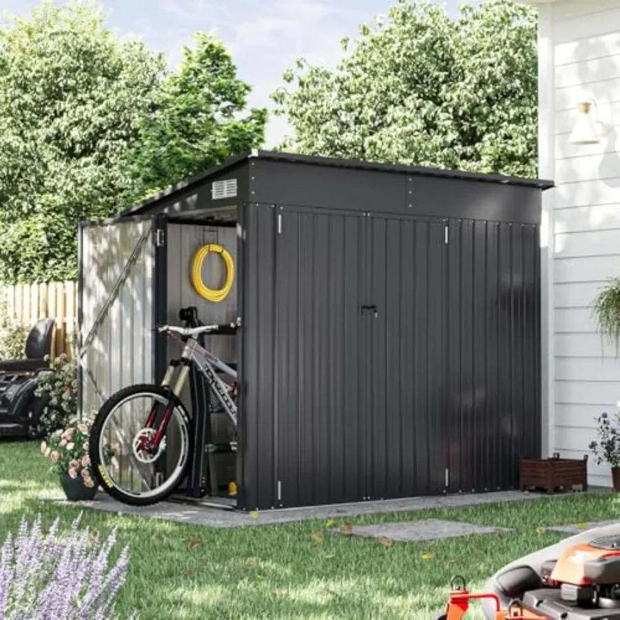 Outdoor storage shed for backyard use, galvanized steel, gray, triple lockable door for enhanced security