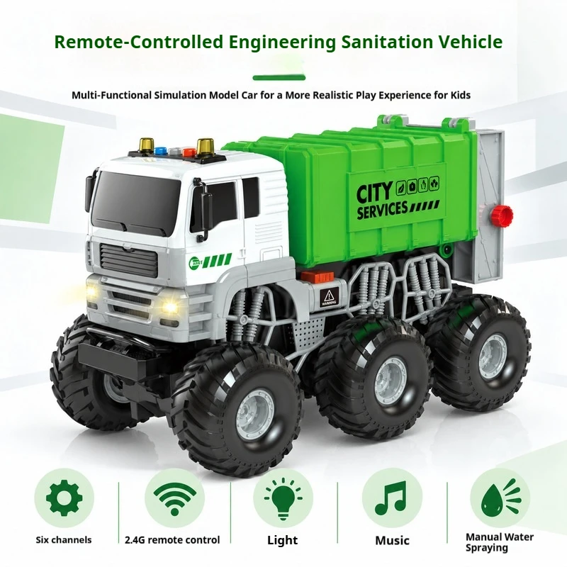 Rc Remote Control Sanitation Truck 2.4g 6 Channel Simulation Engineering Vehicle Model With Light Music Spray Function New Model