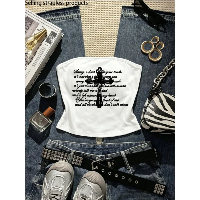 Y2K Women Bandeau Tube Top, Black Cross Gothic Letter Print Strapless Slim Crop Top