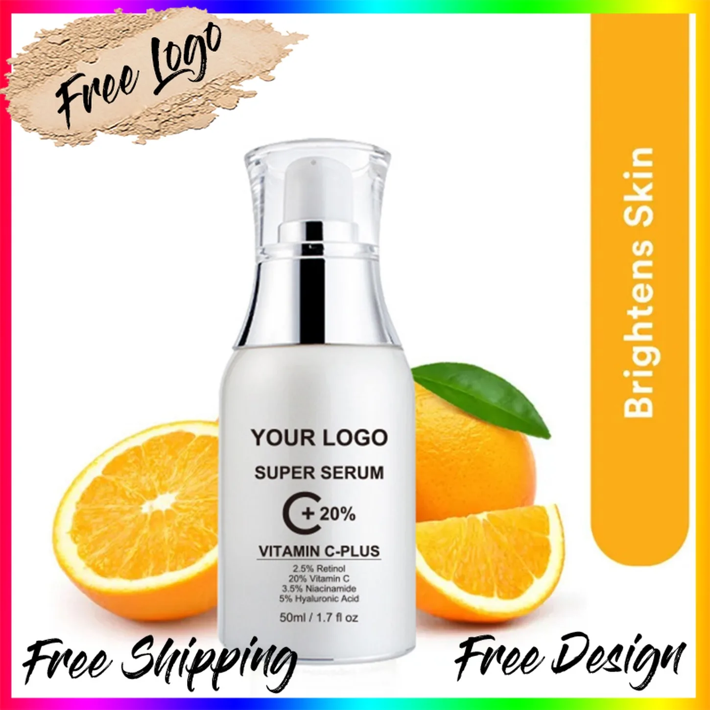 50ml Vitamin C Serum VC Essence Anti Aging Brightening Facial Natural Organic Private Label Custom Logo Vegan Makeup Wholesale