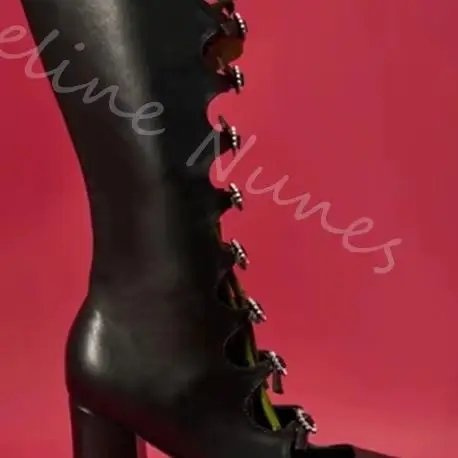 Women Burgundy Leather Knee High Sandals Boots Hollow Rhinestone Platform Sandals Block Heel Round Toe Party Stage Fashion Boots