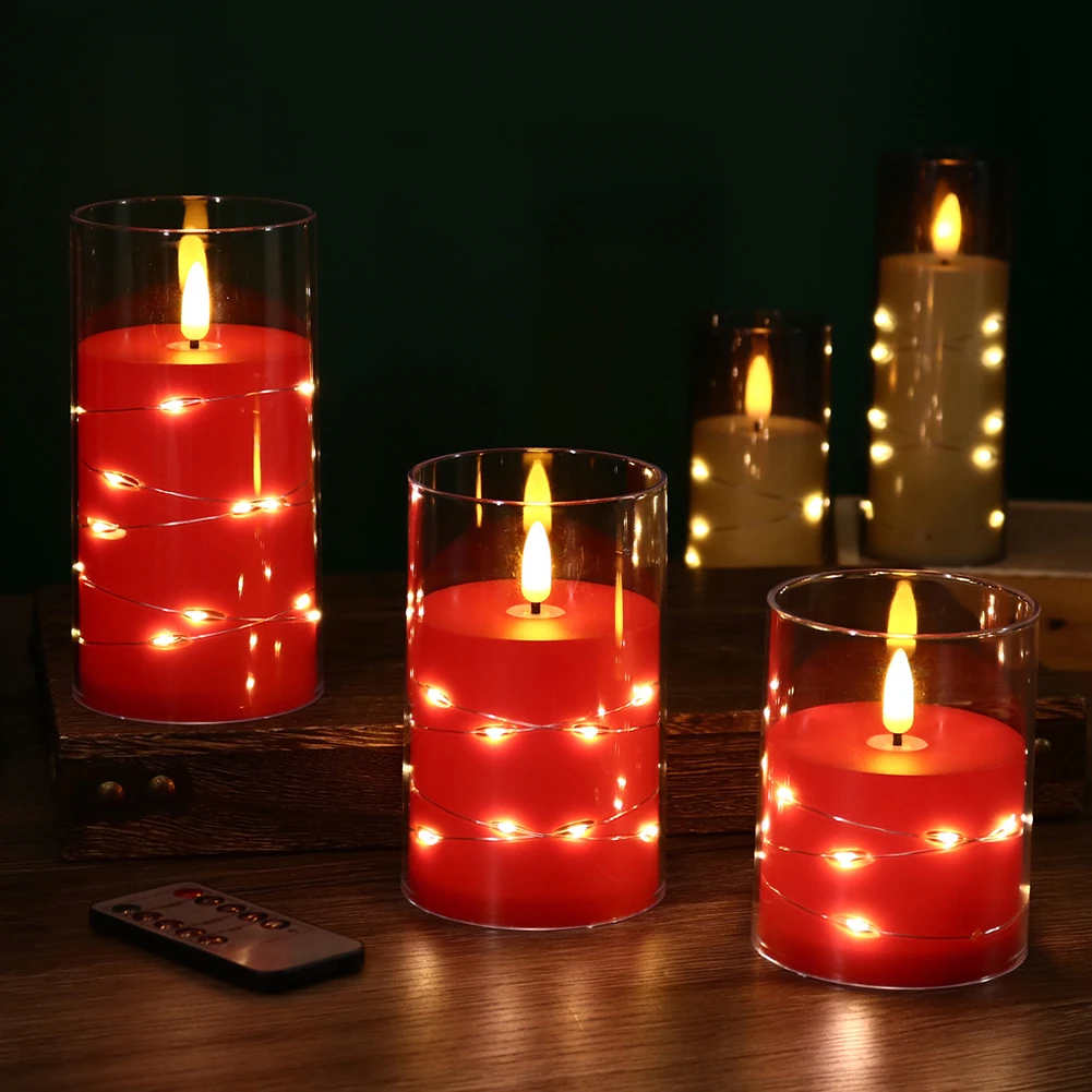 3Pcs Flickering Flameless LED Electronic Candle Battery Operated with Embedded Star String For Birthday Wedding Party Decoration