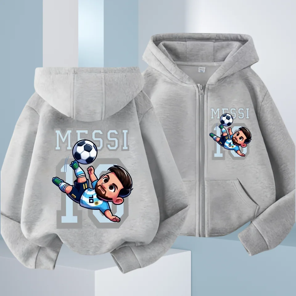 Messi Children's Hoodie Long Sleeve Zippered Hood Sportswear for Baby Boys 3-14 Years Old Spring Fall Football Jacket.