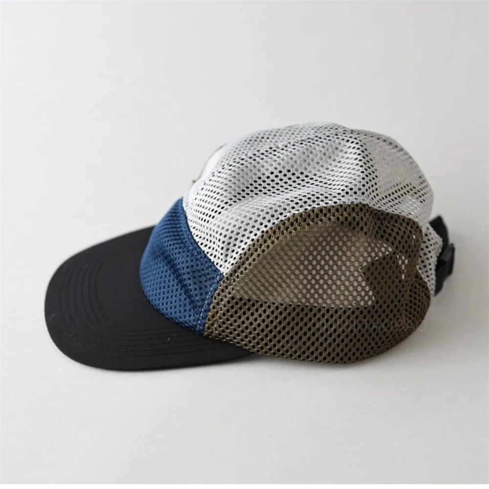 Gorra de béisbol de malla Retro de estilo japonés, gorra con visera de 5 paneles de ala plana, gorra transpirable ajustable de secado rápido, Unisex