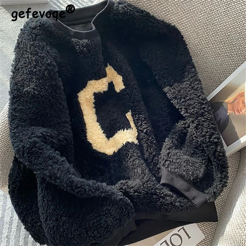 Women Winter Trendy Casual Streetwear Letter Oversized Fleece Warm Sweatshirts Y2K Female O Neck Long Sleeve Furry Pullover Tops