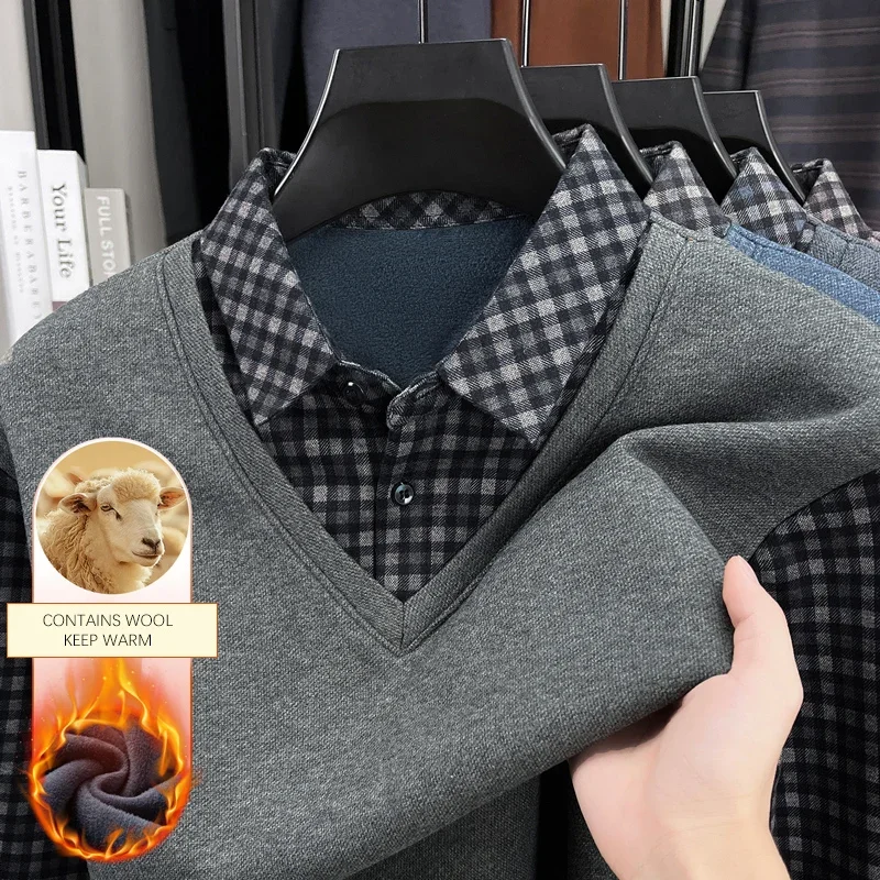 

BROWON 2025 Winter T-shirt Man Thicken Fleece Long Plaid Sleeve Shirt Collar Fake 2 Pcs Soft Dad Work T Shirt Men Top Tees