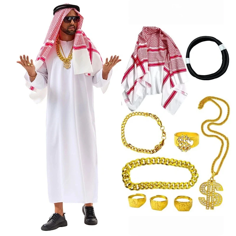 

Arabic Costume Middle Eastern Clothing Dubai Tycoon Cosplay White Long Robe Headscarf with Accessories for Men Women