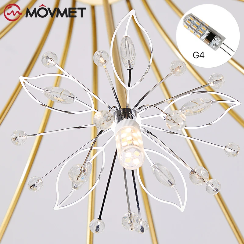 Nordic Flower Chandelier G4 LED Ceiling Light Crystal Gold Metal Dandelion Decor For Home Restaurant Bedroom Hall Living Room