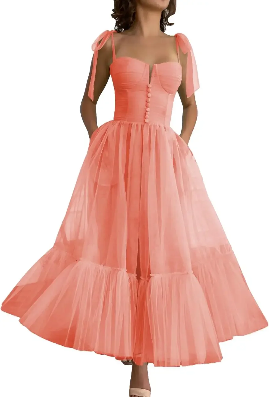 

Custom Made Spaghetti Straps Tulle Prom Dresses Tea Length Sweetheart Formal Gowns A-Line Party Princess Dress With Pockets Grad
