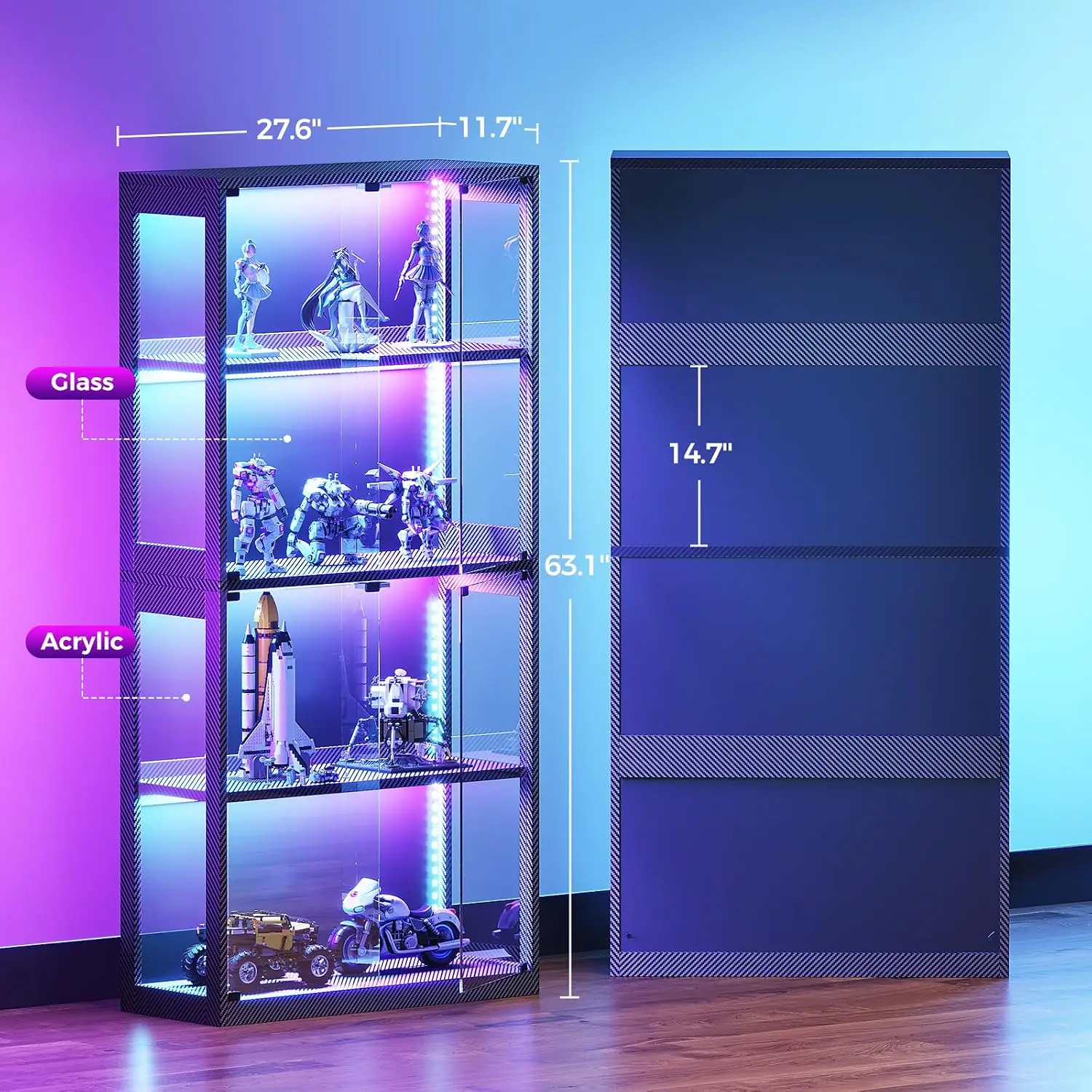 Glass Display Cabinet with Glass Doors, 4-Tier Display Case with RGB Lights, Glass Cabinet Shelf for Collectibles and Storage, B