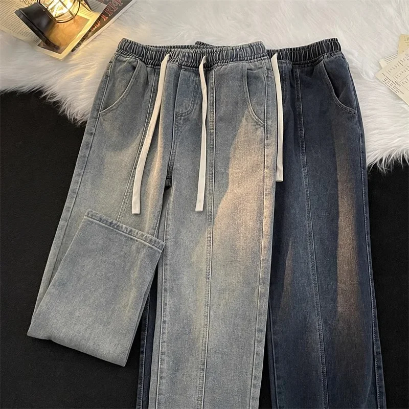 

Trendy Brand Men's Loose Fit Straight Leg Jeans Elastic Waist Patchwork High Street Sle Versatile Long Casual Denim Trousers