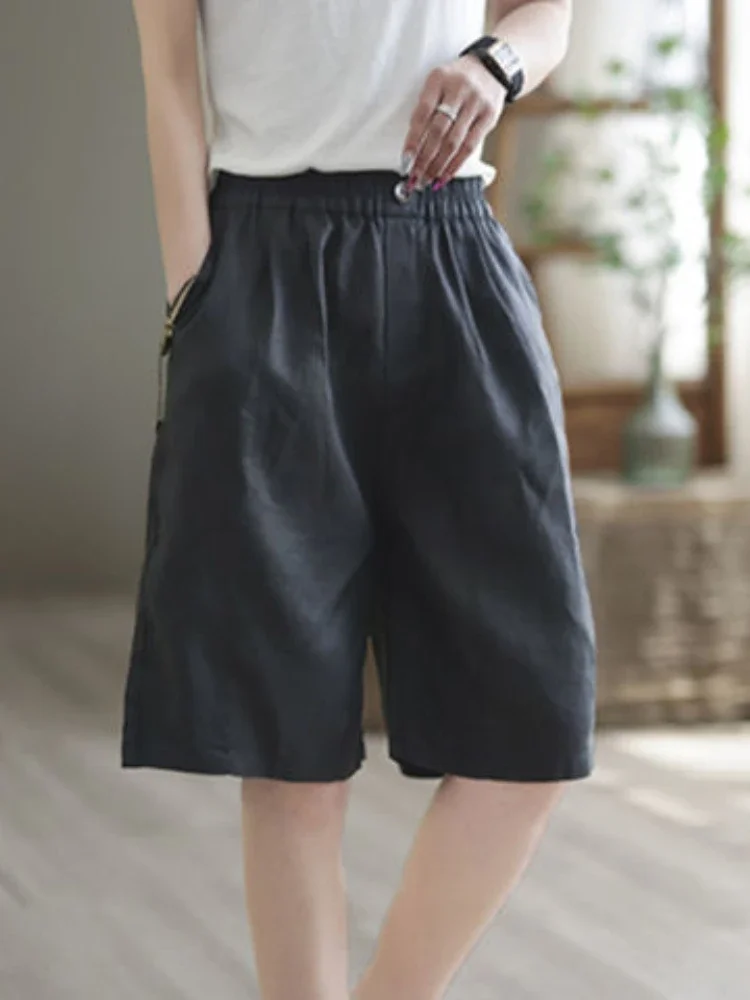 여성 레트로 베이직 신축성 허리 반바지, M-3XL 레저, 5 가지 색상, 통기성, 루즈한 미니멀리스트, 올매치, 여름