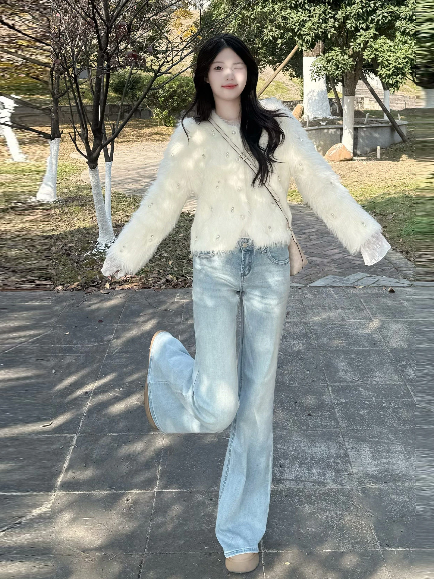 

Retro High Waist Bell Bottom Jeans Women's Winter Fleece Lined Slimming Floor Length Denim Casual Cotton Polyester Blend