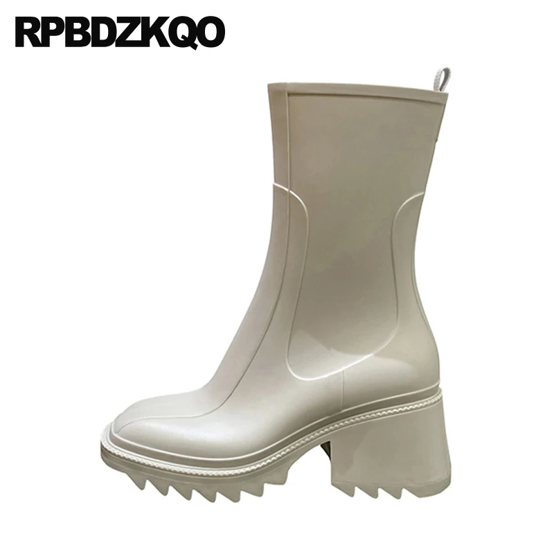 

Shoes Waterproof Wide Calf High Heel Zip Up Square Toe Rainboots Mid Women Rubber Pvc Chunky Candy Rain Boots Trending Jelly