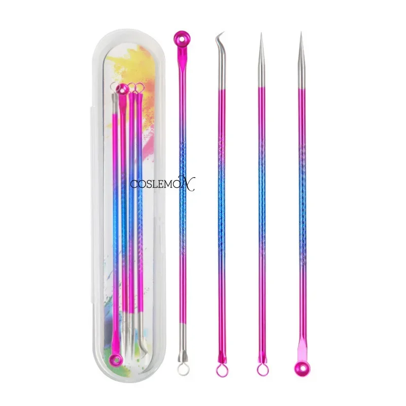 4 Piece Set Colorful Double-Headed Stainless Steel Nose Blackhead Needles Beauty Dead Skin Removal Facial Care Tool with Box