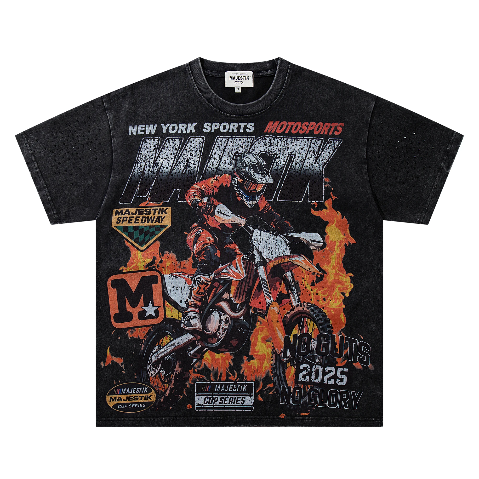 Vintage Washed Fire Print Tshirts for Men Y2k Streetwear Funny Motosports Dirt Bike Graphic Tee Summer Oversized Unisex Clothes