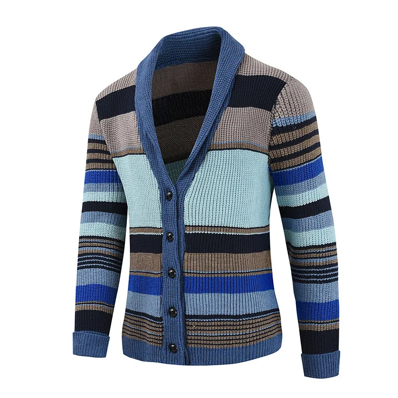 Herren Schalkragen Strickjacke Herbst Winter Farbblock Gestreifter Pullover Vintage Knopfleiste Lässige Lose Oberbekleidung Für M – Detail 11