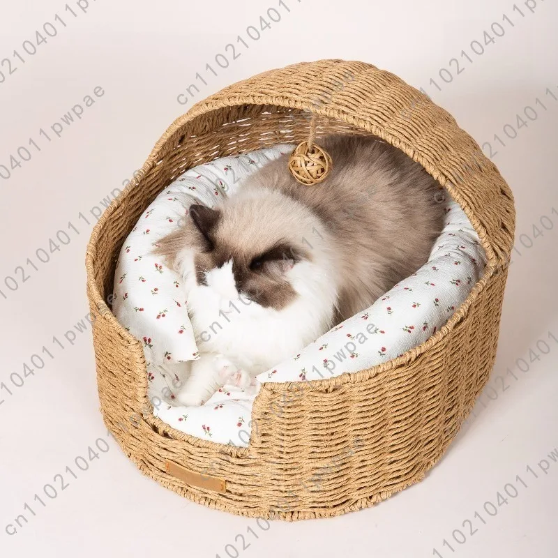 Cat Bed for All Seasons Summer Cat Bed Semi-Enclosed Wicker Cat Bed Simple Floral Pattern