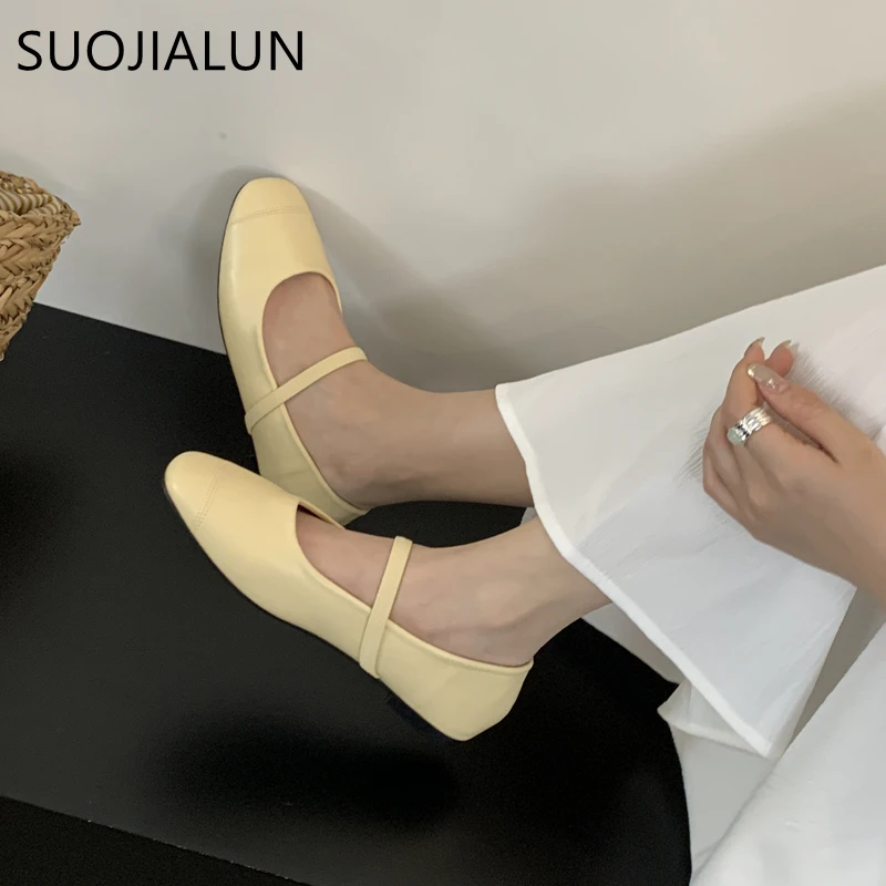 SUOJIALUN 2024 Autumn Women Flat Shoes Ladies Eelgant Round Toe Sahllow Slip On  Ballerinas Shoes Soft Sole Casual Mary Jane Sho