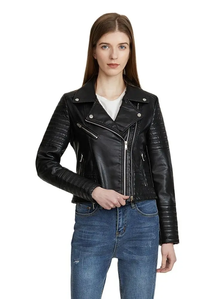 2023 mulheres outono inverno da motocicleta do falso jaquetas de couro senhora mais tamanho 3xl motociclista plutônio punk zíperes streetwear preto branco casacos