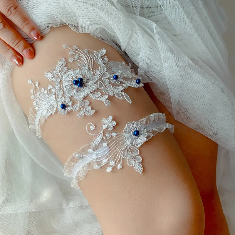 Jarretière de mariage brodée de perles pour femmes, jarretières sexy, bleu, blanc, perle, fleur, mariée, anneau de cuisse, patients, jambe