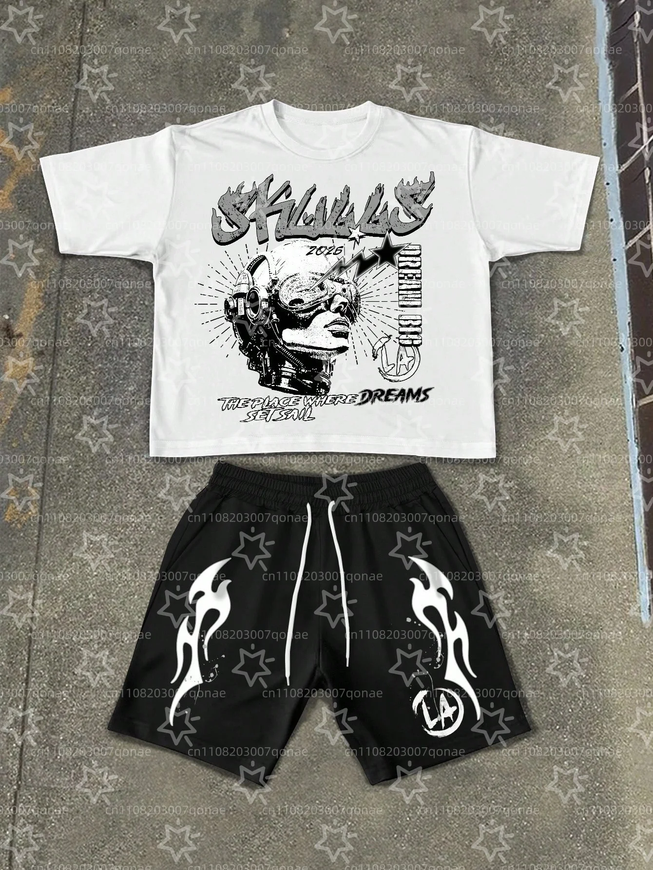 

2-piece Set Portrait & Letter Design Pattern Printed Breathable Summer Man's Sports Short Sleeve Tops Casual Loose Shorts Set