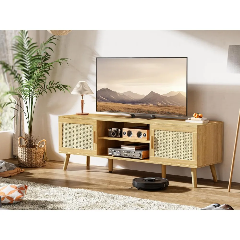 

Rattan TV Console Stand with 2 Cabinets, Entertainment Center, Adjustable Shelf, 4 Cord Holes, Solid Wood Feet, Free Shipping