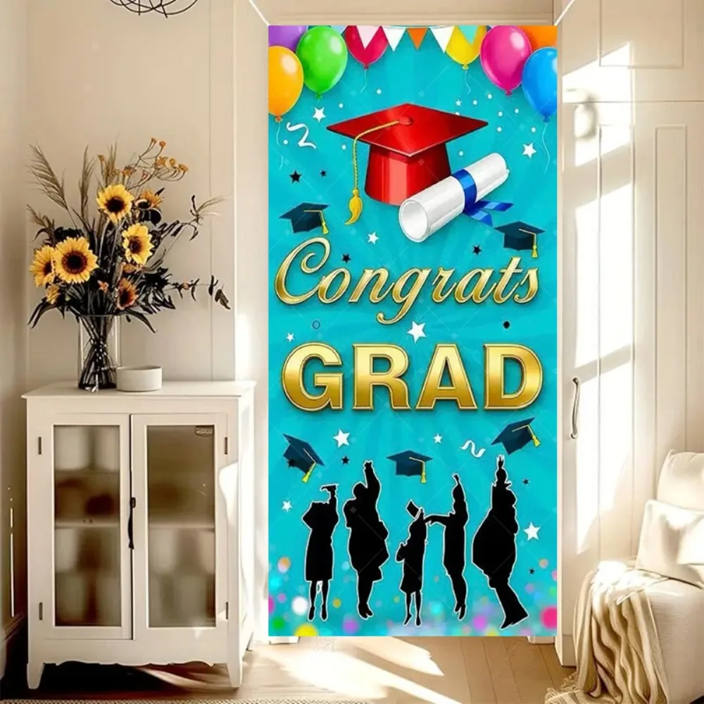 Colorful Balloon Bachelor's Hat Theme Door Flag Backdrop Cloth, Congratulations Graduation Party Decoration Photography Backdrop