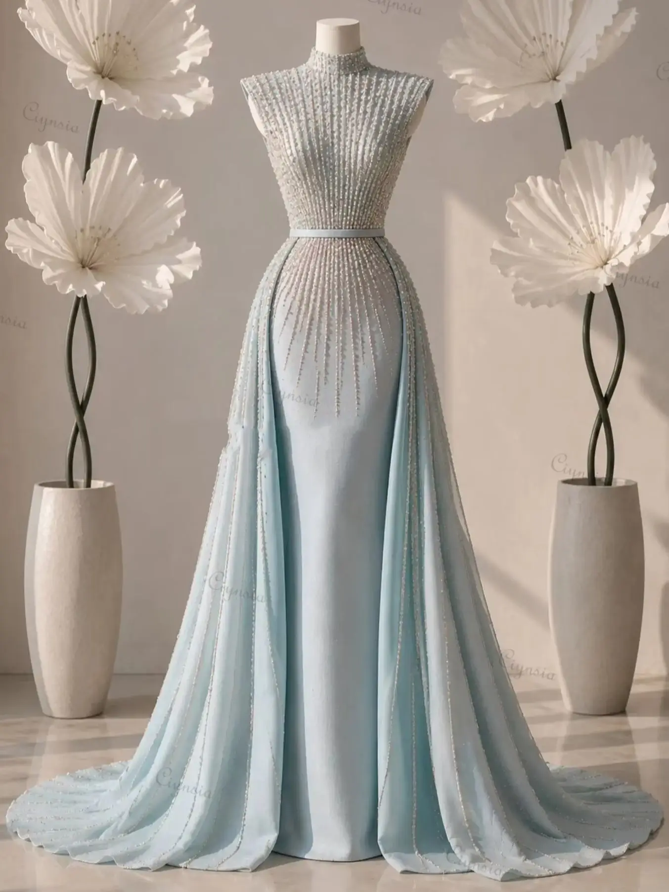 Dubai Luxury Beading Evening Dresses Mermaid High Neck Formal Prom Party Gowns with Detachable Skirt Robes De Soirée Customized