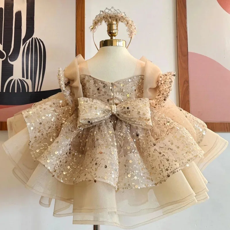 Kids Baby Princess Beading Tulle Bow Flower Girl Dresses First Communion Dresses Birthday Christmas Gift Wedding Party Birthday