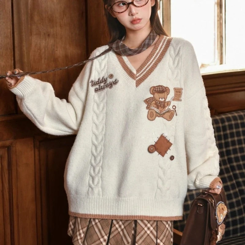 

Cute Cartoon Bear Embroidery Sweaters Women Kawaii Lolita Knitted Pullovers Korean Style Tops Autumn Winter Loose Knitwear Coat
