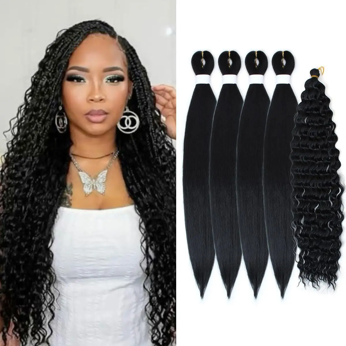 4+1 5 Packs Bundle Deals Black Braiding Hair Pre stretched, Knotless Boho Hair for Braiding Synthetic Curly Crochet Braids Hair