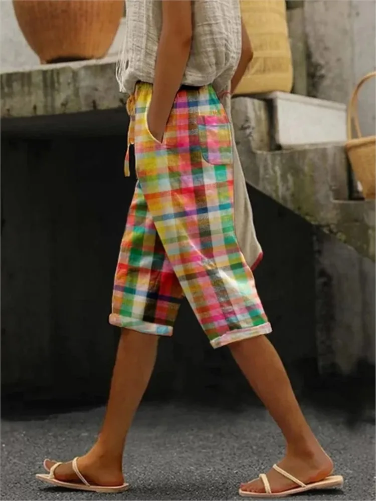 Casual Print Pants For Women Fashion Boho Holiday Beach Sports Womens Clothing Summer Pockets Straight Knee Length Lady New 2025