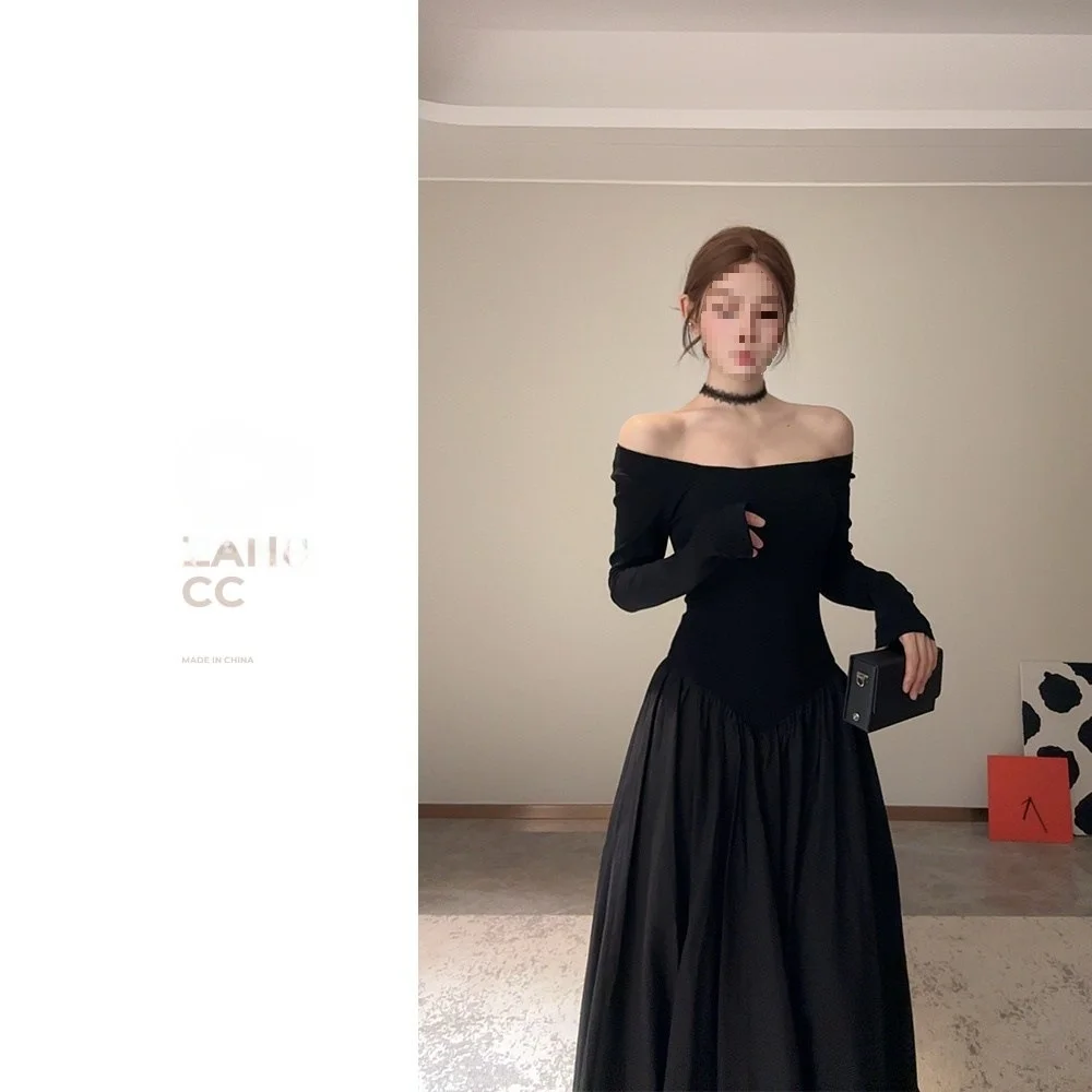 فستان أسود على الطراز الفرنسي بأكمام طويلة وياقة مربعة للنساء بخصر عالٍ للتخسيس فستان طويل مقاس كبير فني عتيق