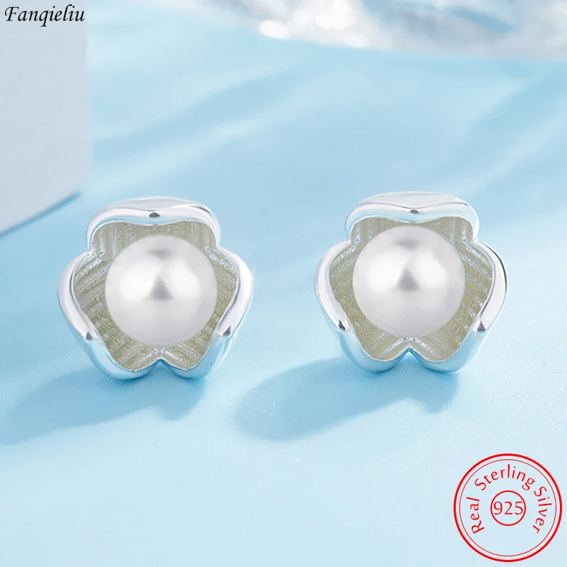 

Fanqieliu Genuine 925 Sterling Silver Lady's High Quality Fashion Jewelry Flower Pearl Stud Earrings New FQL23733