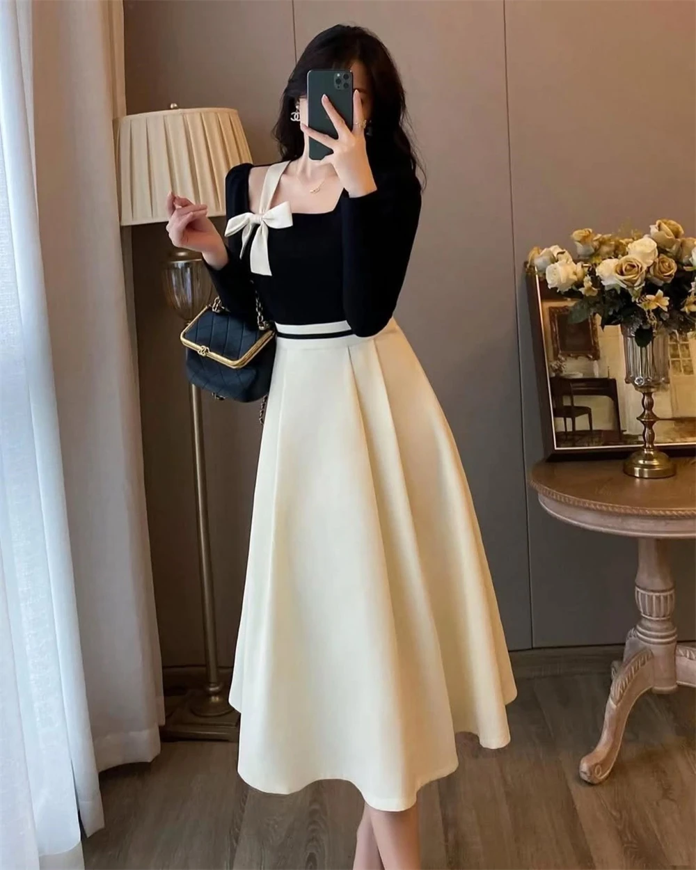 Customized Classic Black White Square Collar Off the Shoulder Long Sleeves Party Dresses Luxury Jersey Special Occasion Gowns
